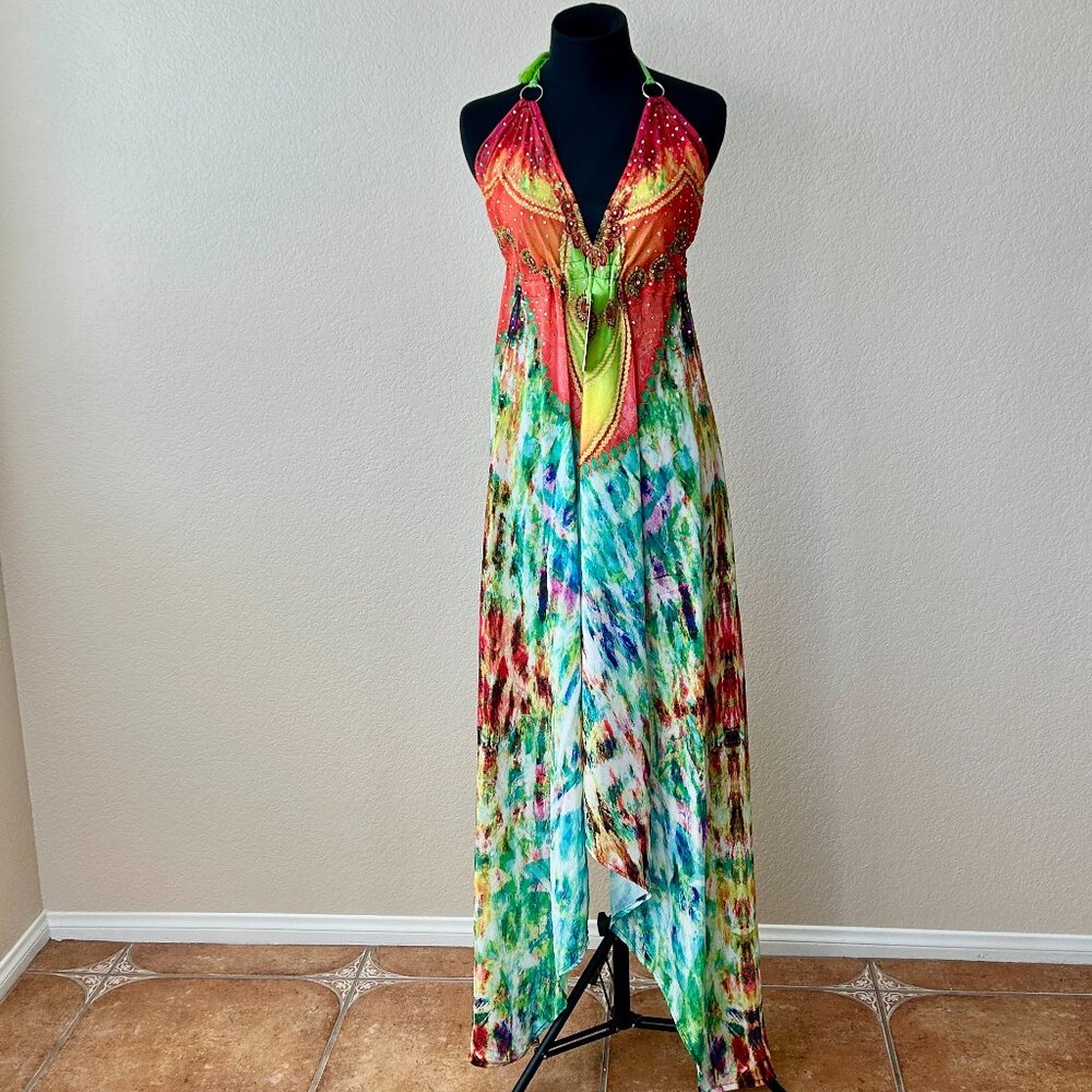 Boho Maxi Dress Halter Multicolor Flowy Beach Resort Cover Up Womens One Size NW
